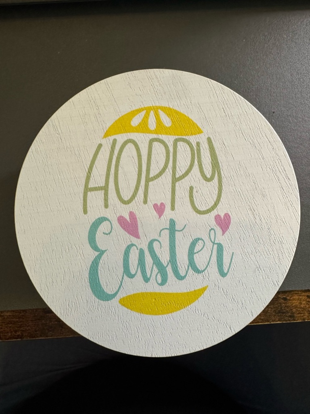 Brand New Sand and Fog Hoppy Easter Round Wood Sign - Pastel Spring Colors